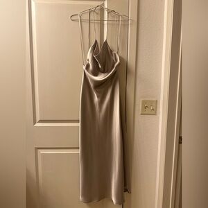Zara Taupe Grey Cowl Open Back Satin Dress